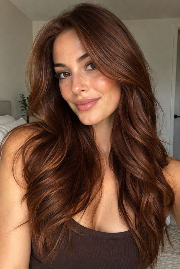 Woman with glossy deep sienna hair