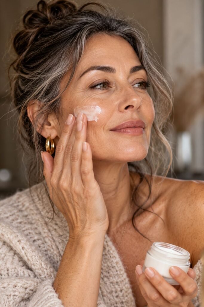 Gentle moisturizer applied to flaky mature skin