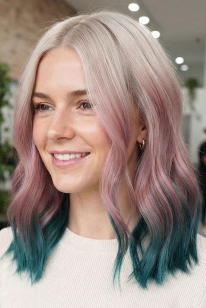 Shoulder-length blonde hair with dusty pink panels and deep teal tips