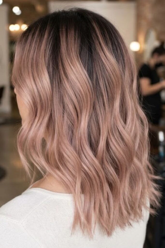 Dusty rose gold hair with a darker shadow root