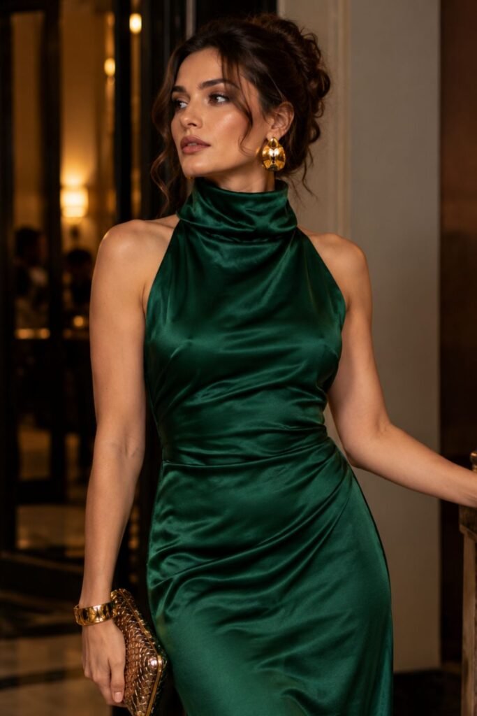 Emerald Funnel-Neck Dress