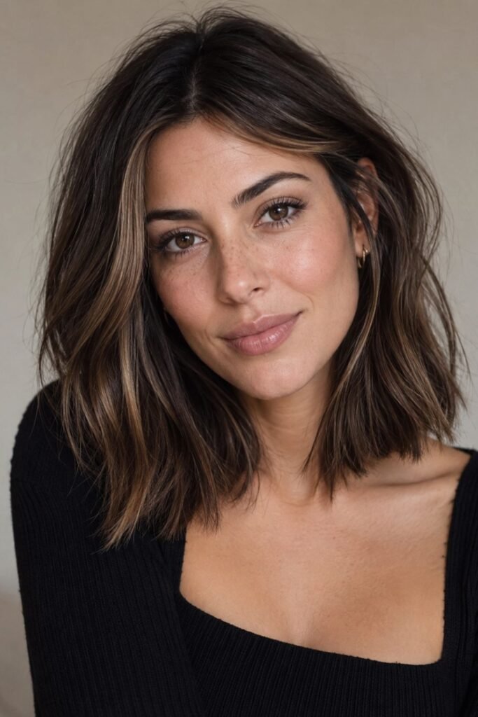 Espresso Lob With Grown-Out Summer Highlights