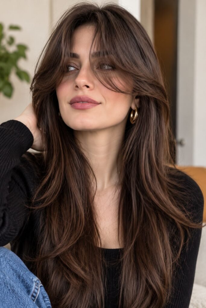 Extra-long curtain bangs falling over the eyes