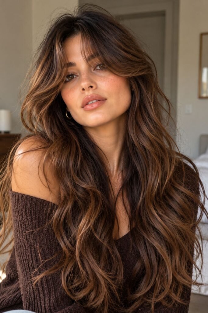 Eye-length curtain bangs with tousled long waves