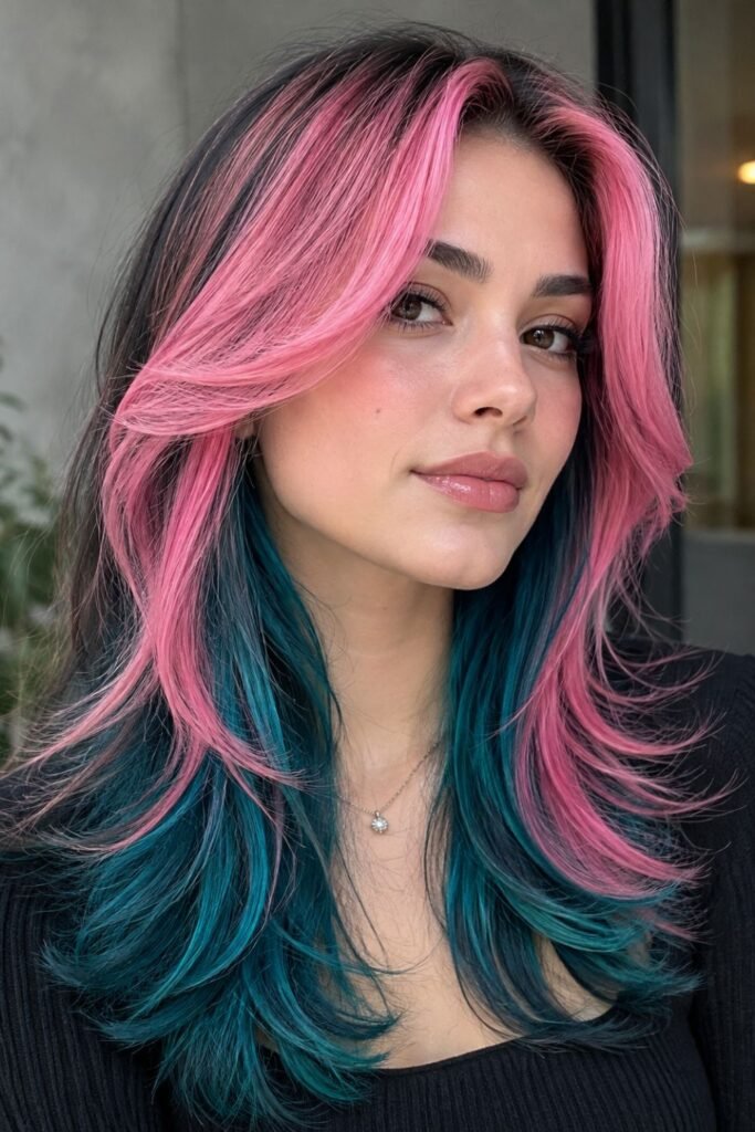 Long blonde hair with pink face-framing pieces and teal underlayers