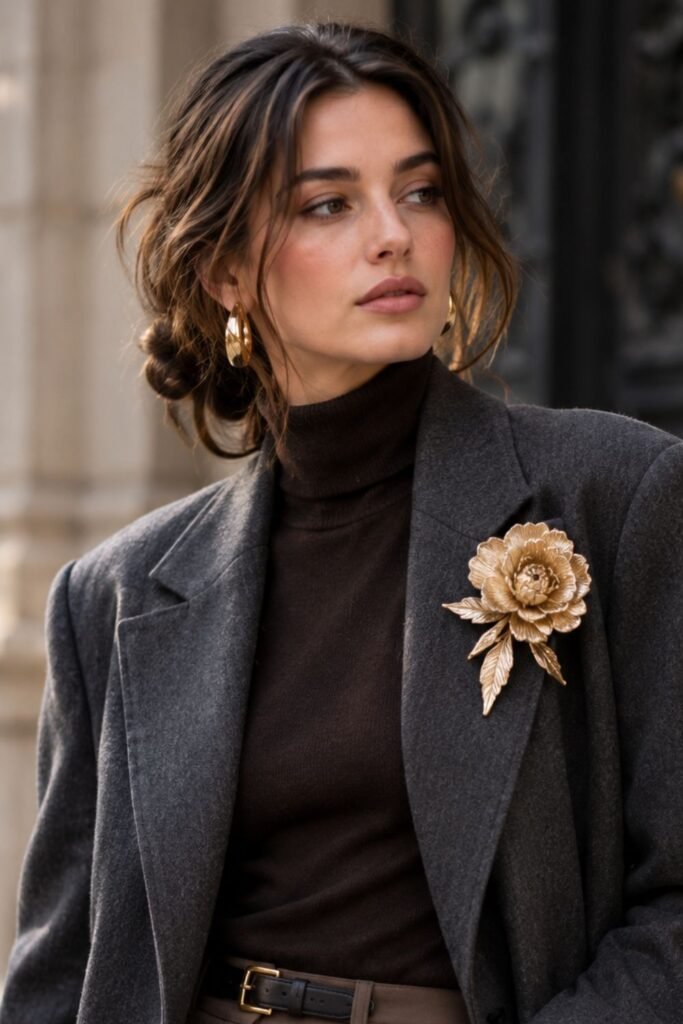 Floral brooch pinned to a blazer lapel