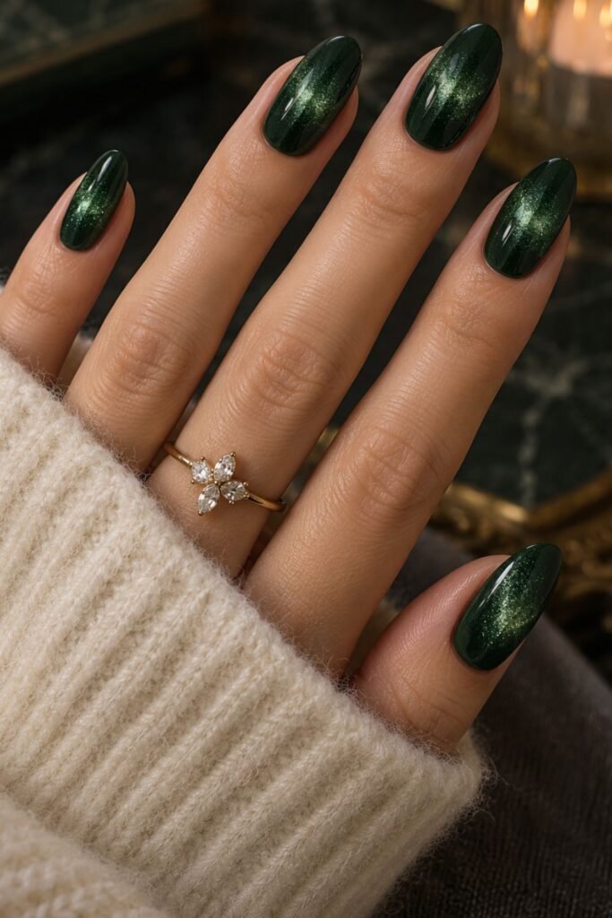 Forest green magnetic gel nails with a glowing center halo