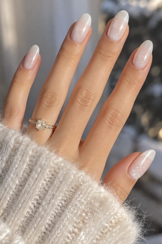 Milky frosted glass gel nails with fine pearl shimmer