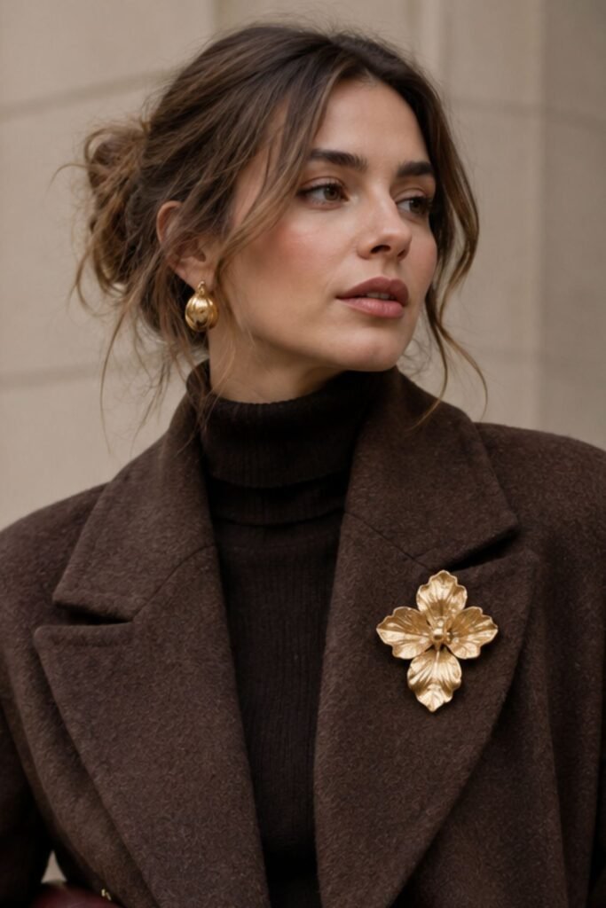 Gold brooch pinned to the lapel of a wool coat