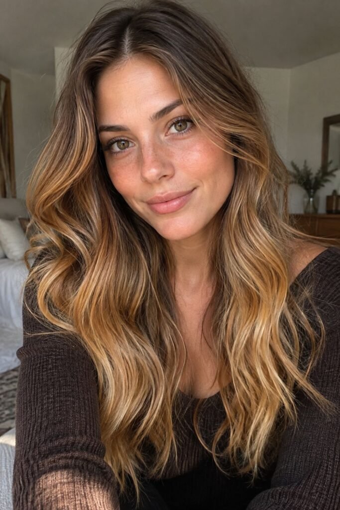 Woman with golden amber ends on long brunette hair
