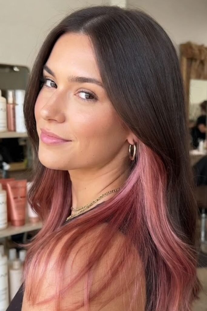 Glossy metallic rose gold hair