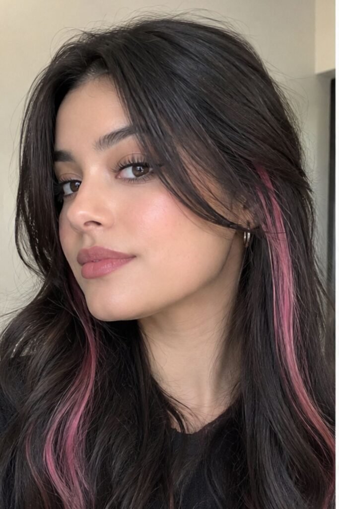 Grown-out blonde hair with a hidden teal nape panel and pink side streaks