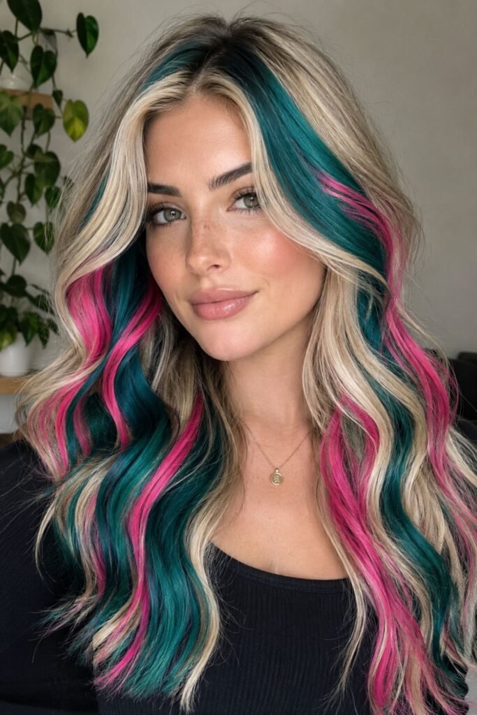 Thick blonde hair with chunky jewel teal and hot pink sections