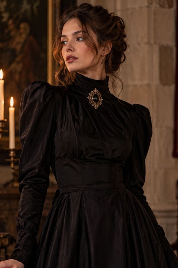 High-Neck Black Gown + Antique Brooch