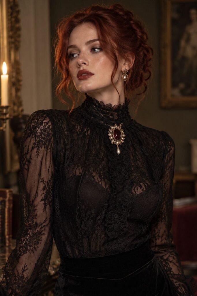 High-Neck Lace Blouse + Brooch