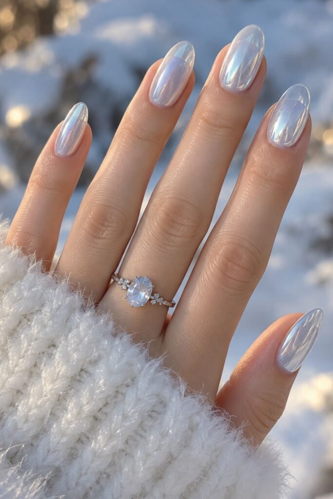 Pale icy blue chrome gel nails