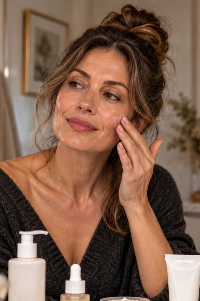 Minimal anti-aging skincare routine on a vanity