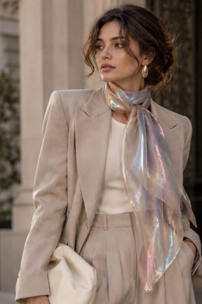 Iridescent Scarf + Neutral Tailoring