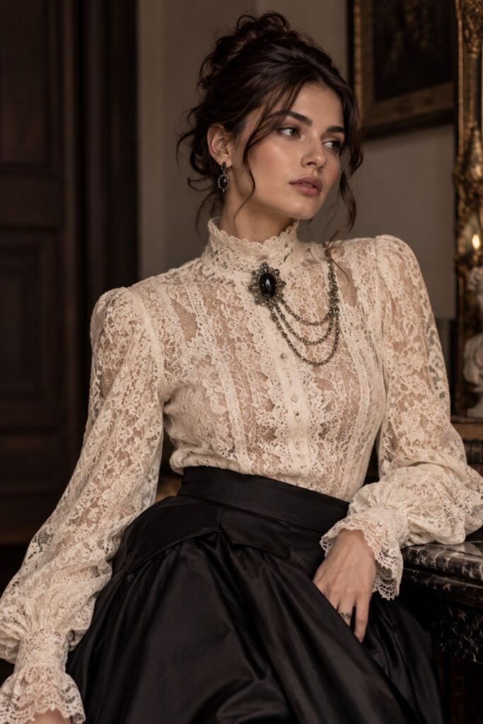 Ivory Lace Blouse + Oxidized Brooch + Black Skirt