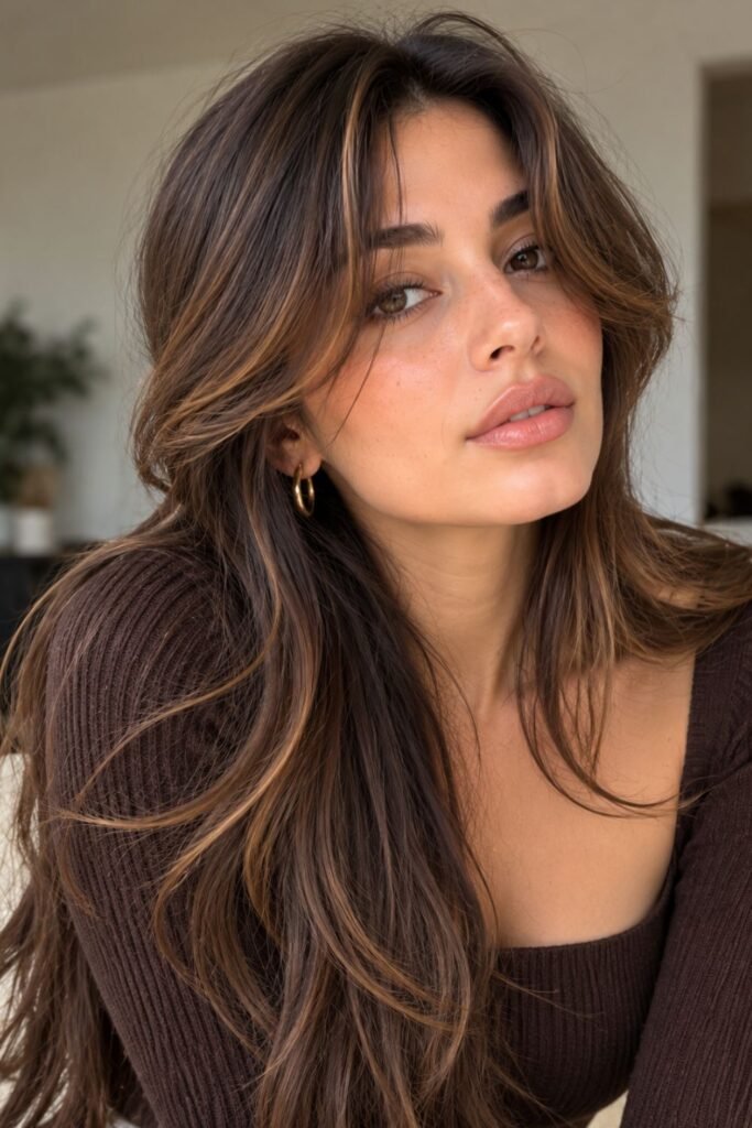 Jaw-length curtain bangs with a center part on long hair