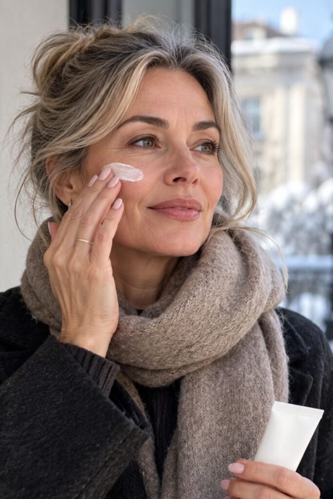 Mature woman applying facial sunscreen on a winter day