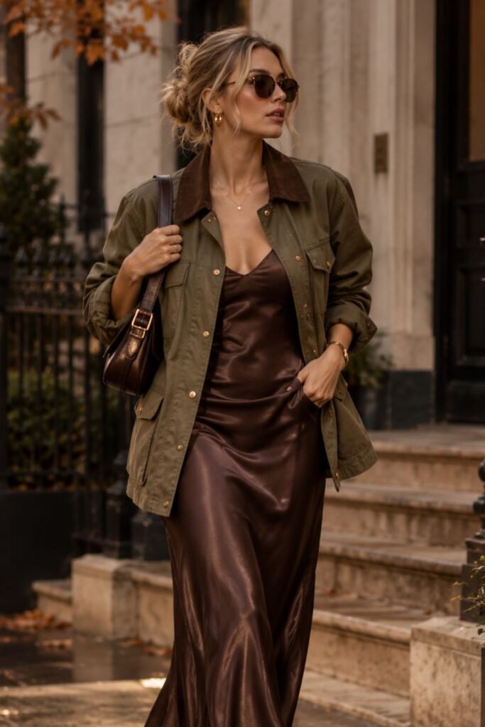 Khaki Field Jacket + Satin Slip Skirt