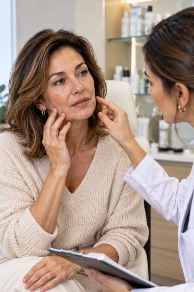 Mature woman consulting a dermatologist about dry skin