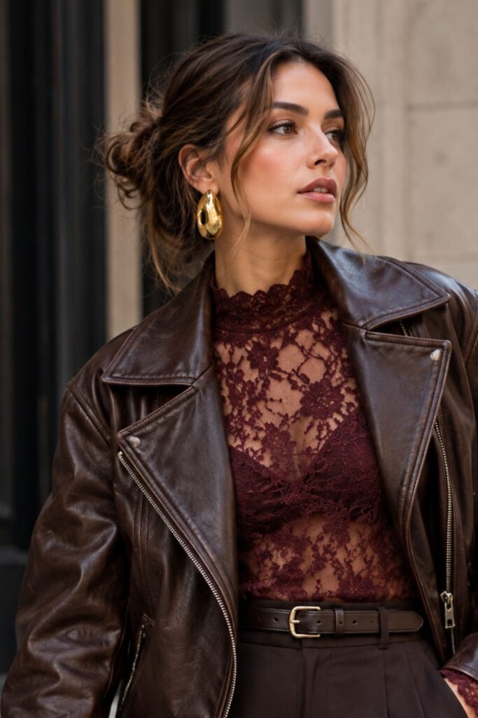 Lace Blouse Under a Leather Jacket