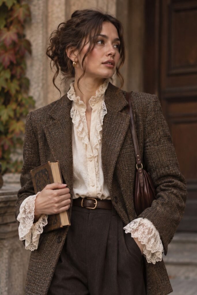 Lace-Cuff Blouse + Tweed Blazer