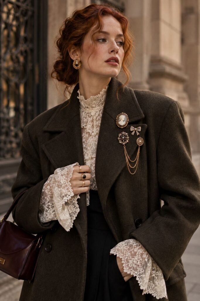 Lace Cuffs + Brooch Cluster on a Wool Coat
