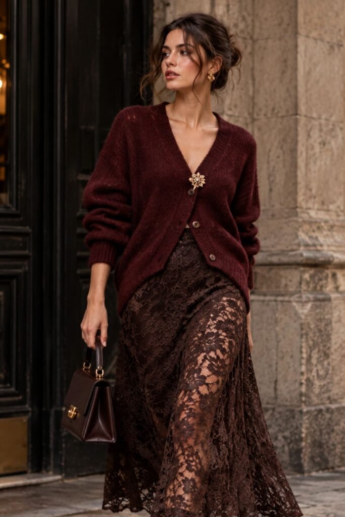 Lace Midi Skirt + Brooch-Pinned Cardigan
