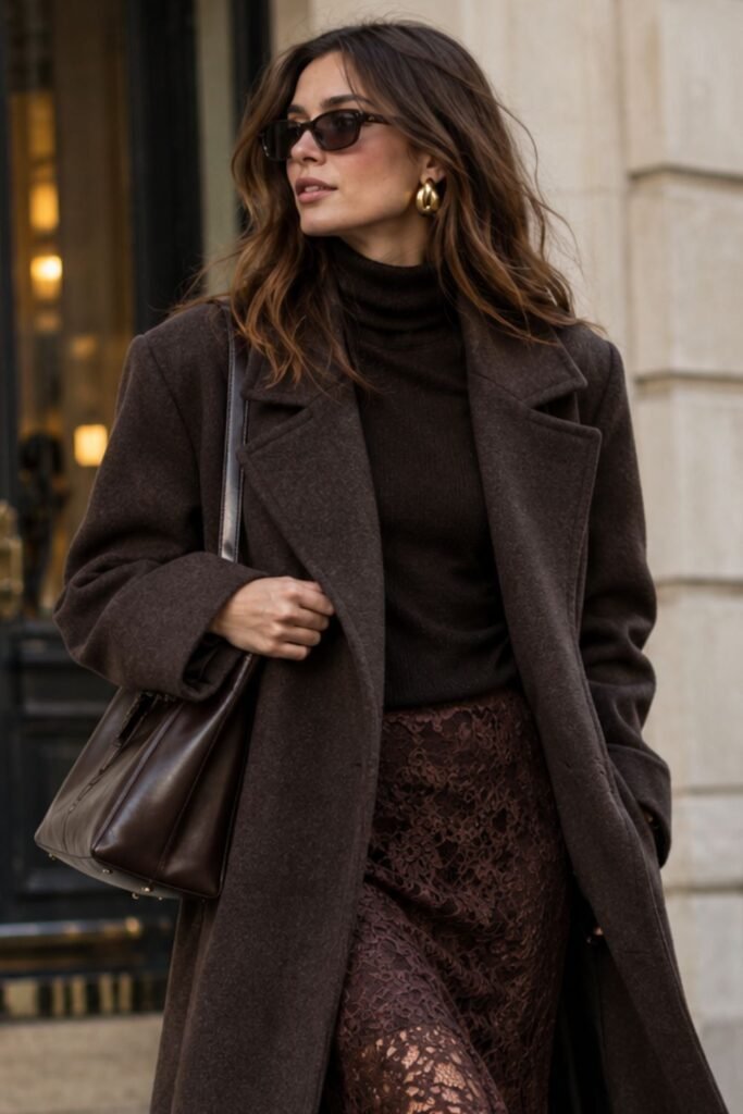 Lace Skirt Under a Longline Coat