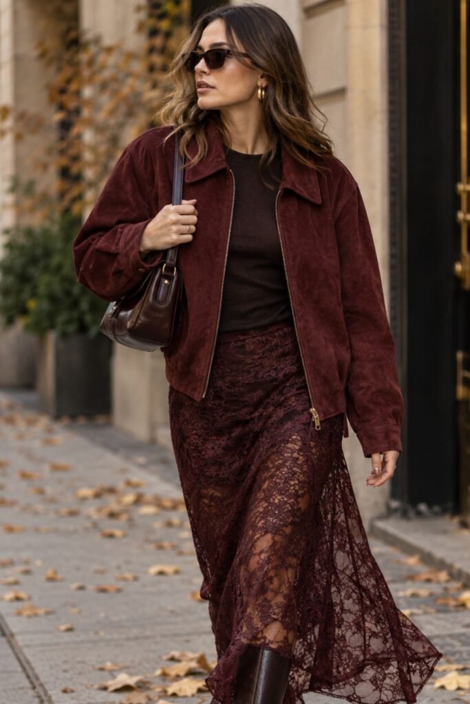 Lace Slip Skirt + Suede Jacket