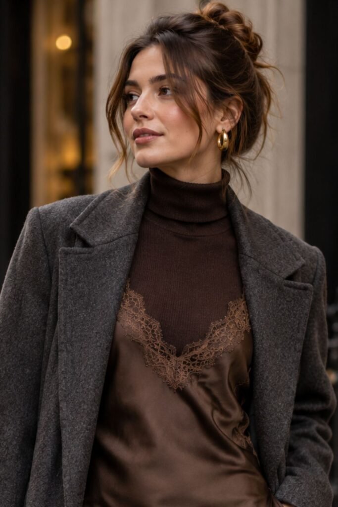 Lace-Trimmed Slip Over a Fine Turtleneck