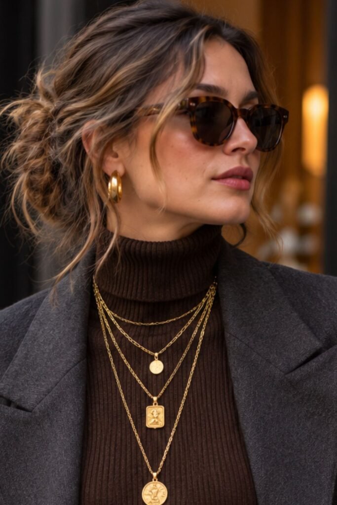 Layered gold pendant necklaces over a fitted turtleneck