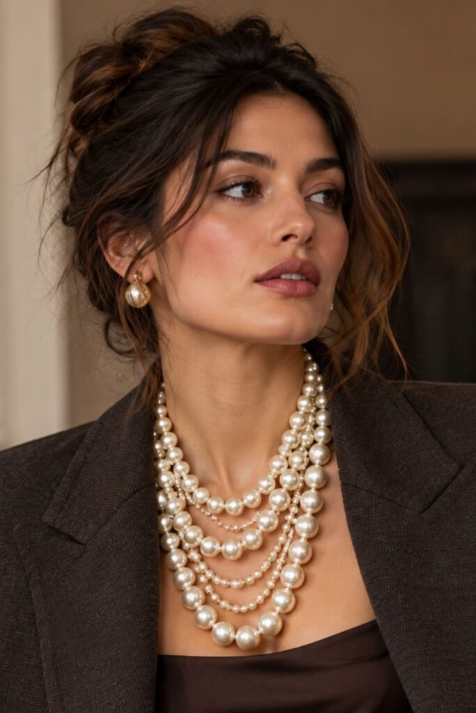 Woman wearing layered pearl strand necklaces