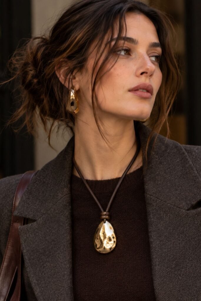 Leather-cord pendant necklace worn with a casual outfit