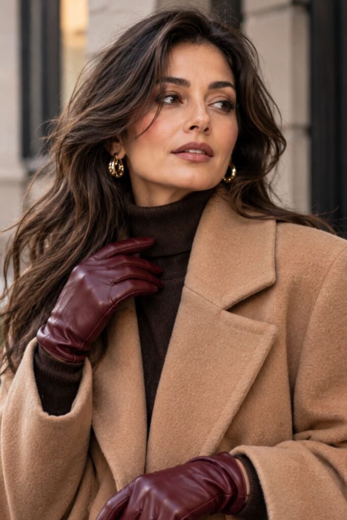Burgundy leather gloves with a camel coat sleeve