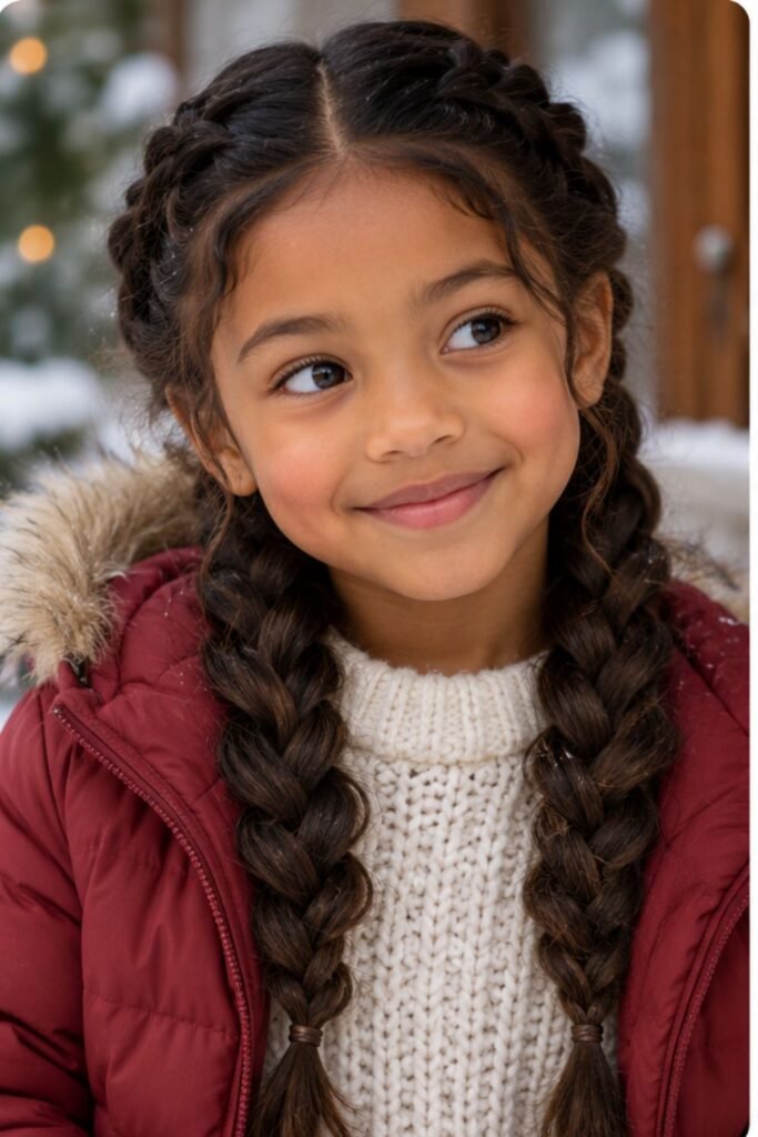 Child with loose Double Dutch braids behind the ears