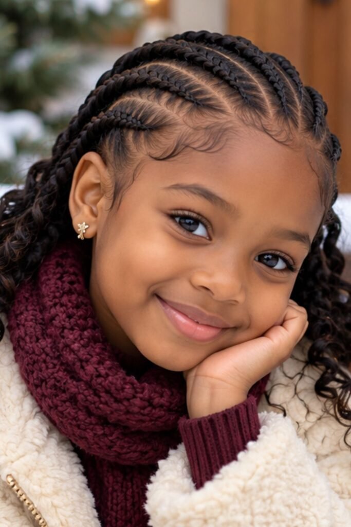 Child with low straight-back cornrows and loose ends