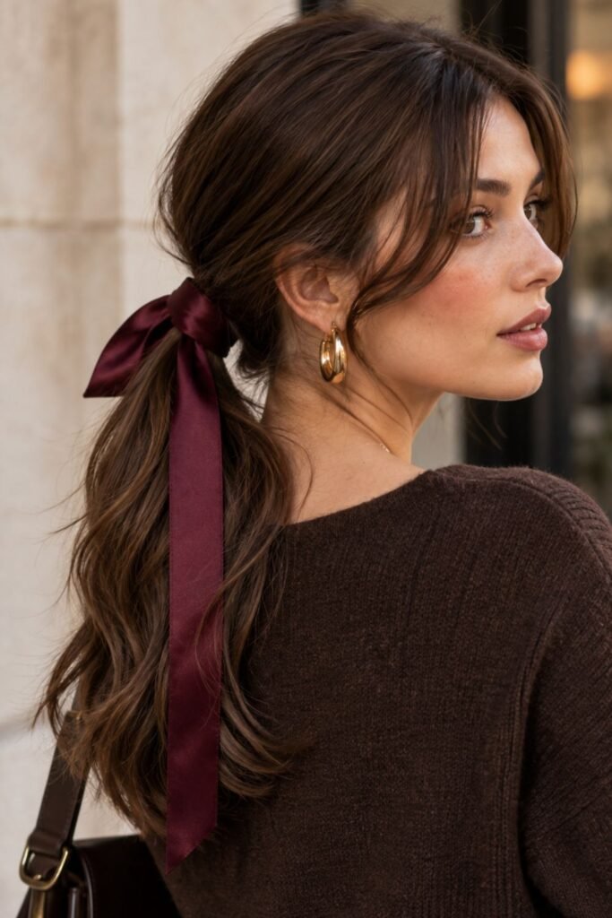 Blonde low ponytail tied with a ribbon, with curtain bangs