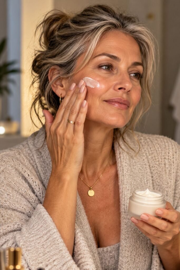 Woman in her 50s applying moisturizer in a mirror