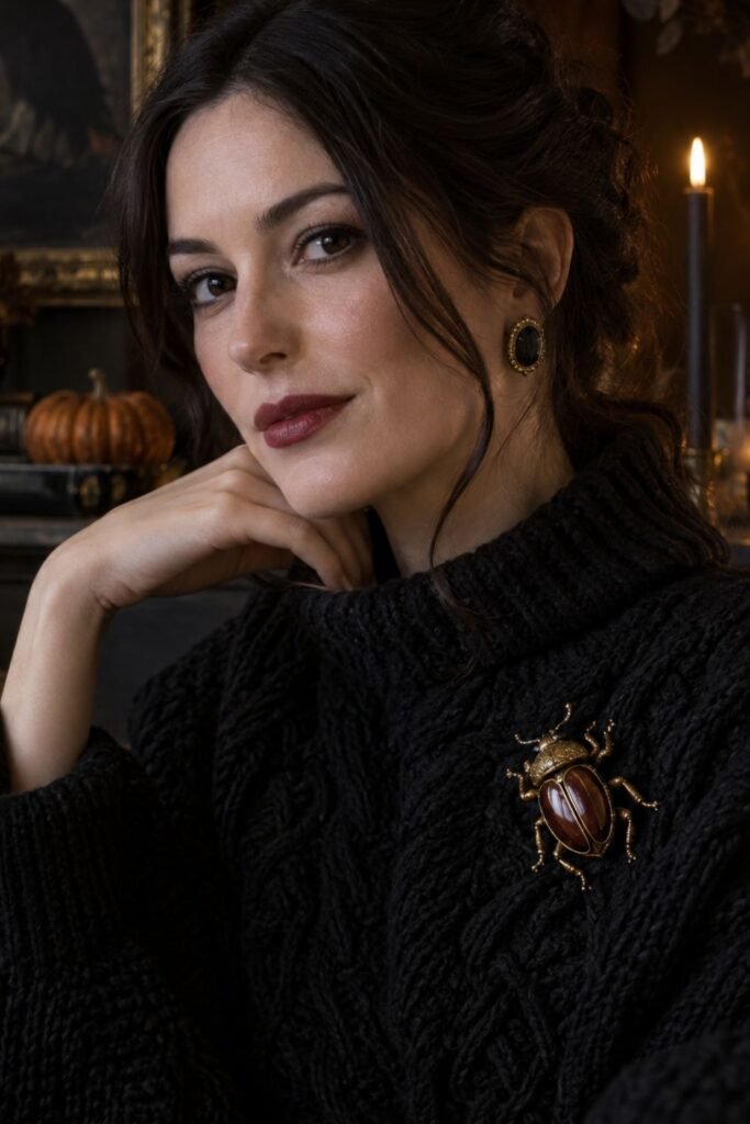 Metallic Scarab or Beetle Brooch on a Knit