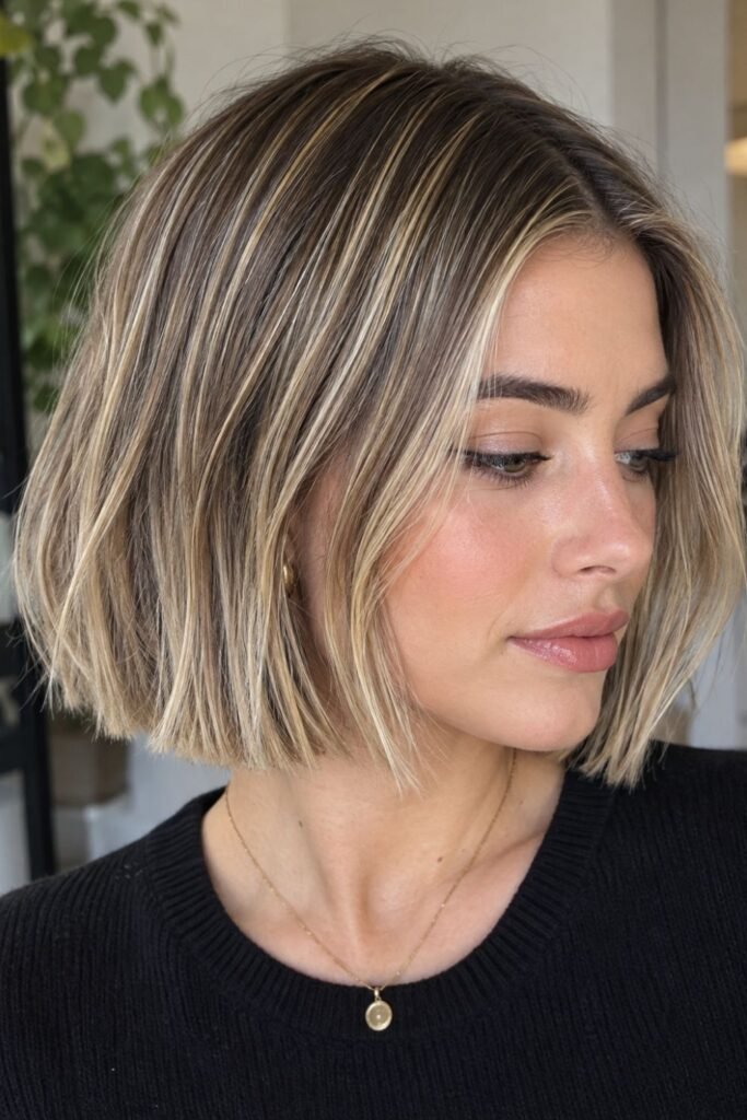 Rooty blonde bob with fine teal and pink micro streaks