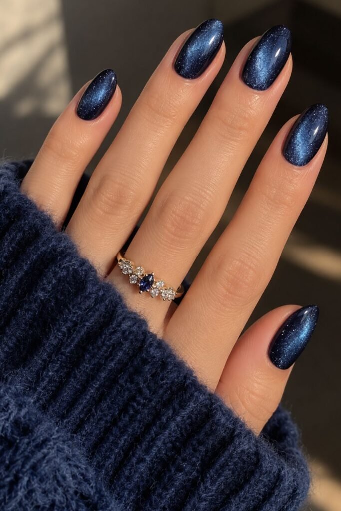 Woman with midnight blue velvet cat eye gel nails