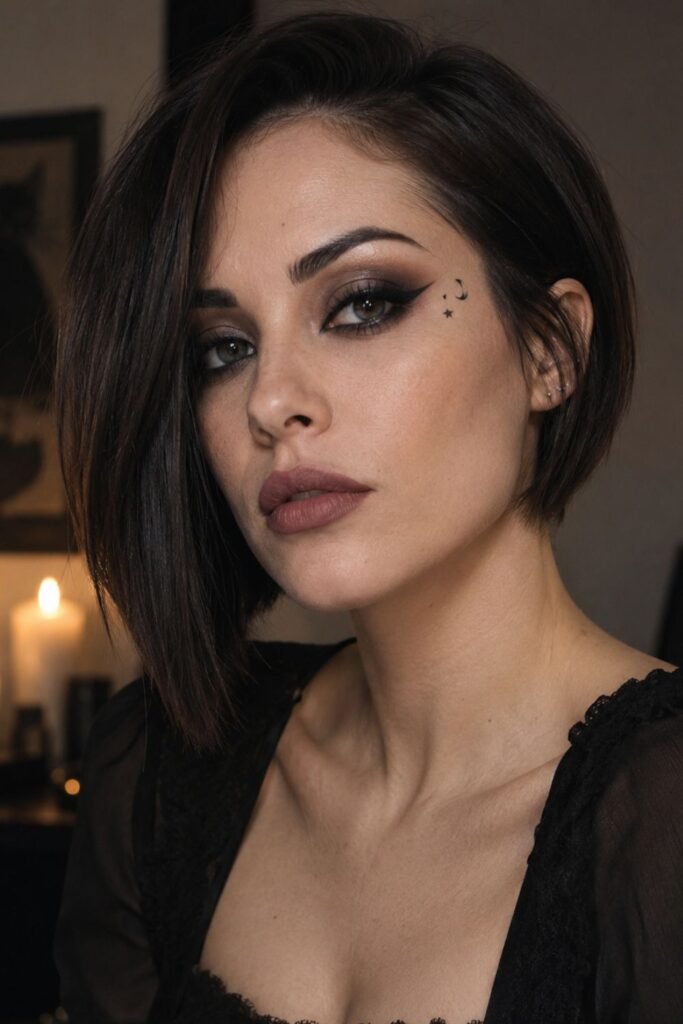 Minimal Asymmetric Bob With Halloween Makeup Only