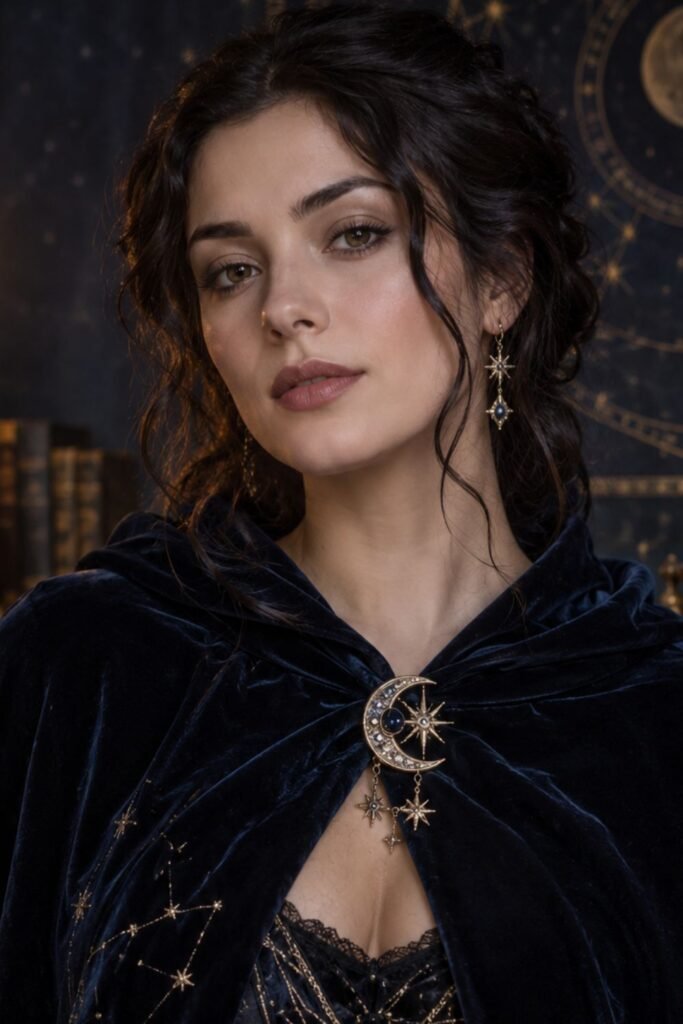 Moon-and-Star Brooch on a Velvet Cape