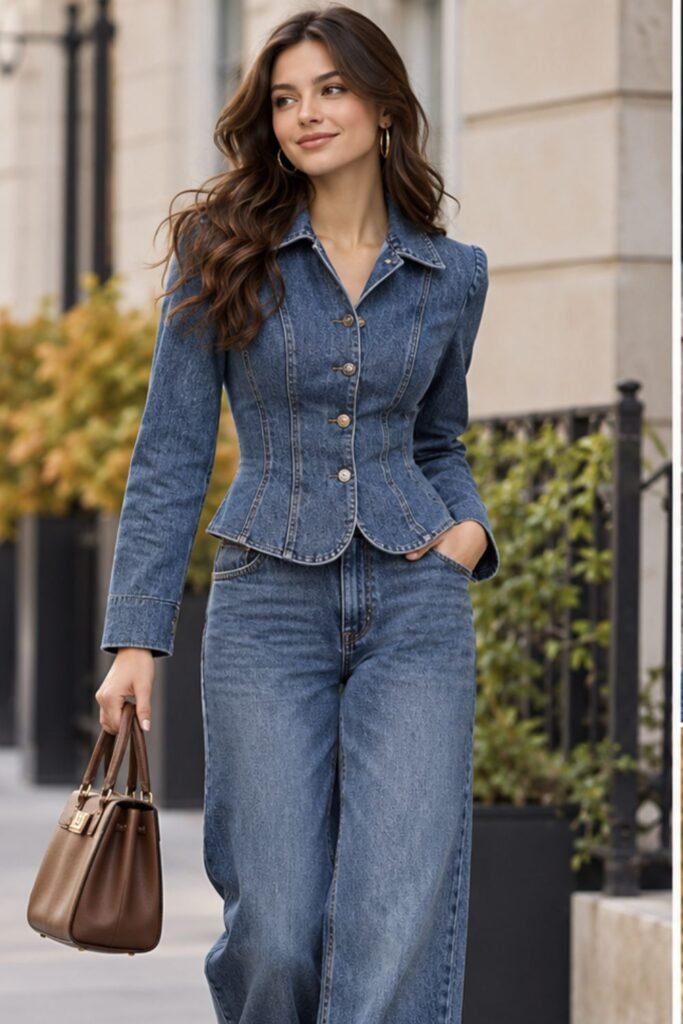 Woman in a nipped-waist denim jacket and wide-leg jeans