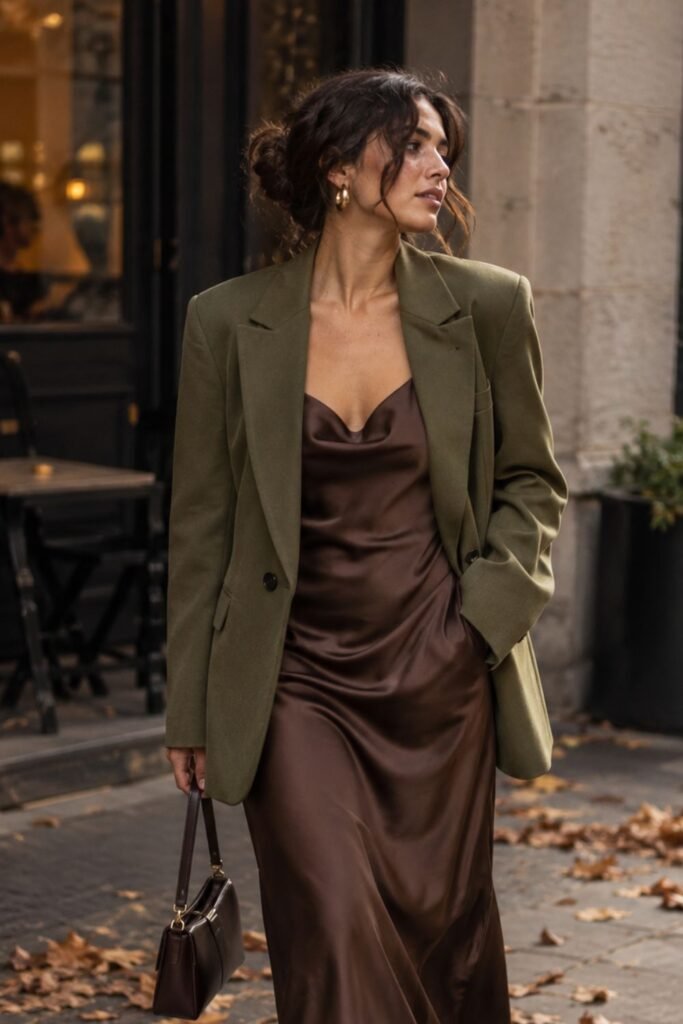 Olive Blazer + Chocolate Slip Dress