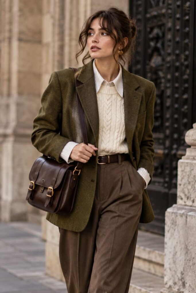 Olive Blazer + Satchel + Loafers